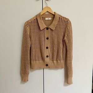Mango Tan Grid Knit Button-Up Sweater